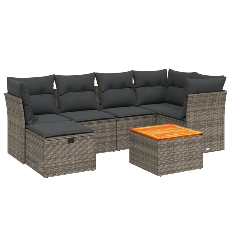 7-delige Loungeset met kussens poly rattan grijs