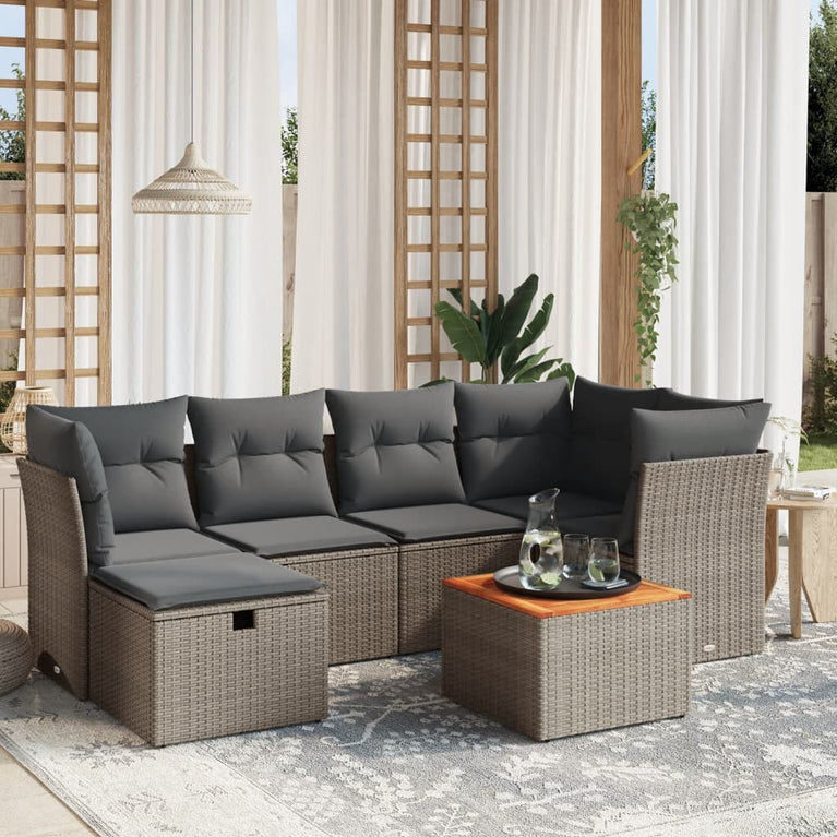 7-delige Loungeset met kussens poly rattan grijs