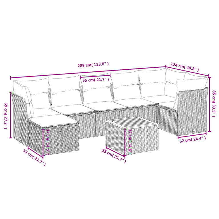 8-delige Loungeset met kussens poly rattan zwart