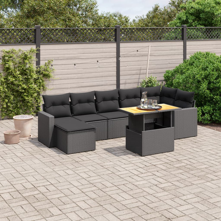 8-delige Loungeset met kussens poly rattan zwart