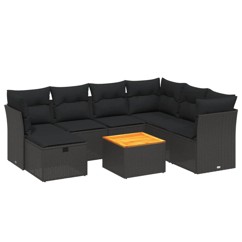 8-delige Loungeset met kussens poly rattan zwart
