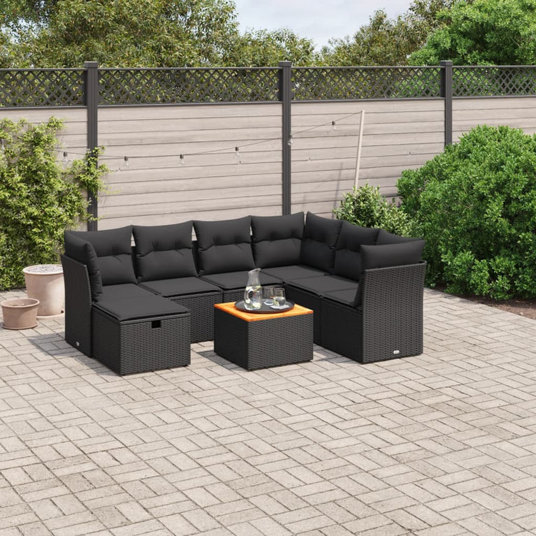 8-delige Loungeset met kussens poly rattan zwart