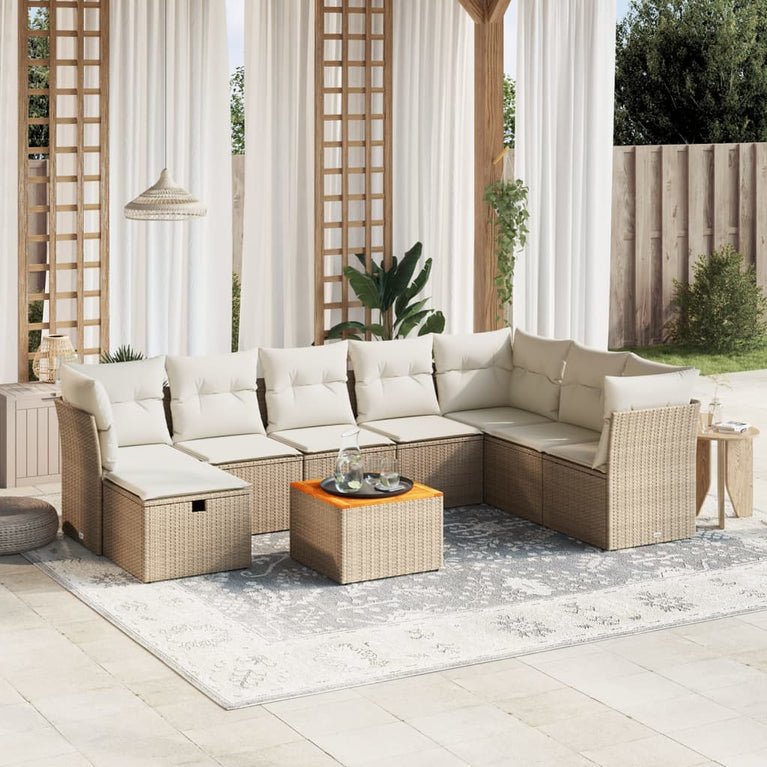 9-delige Loungeset met kussens poly rattan beige