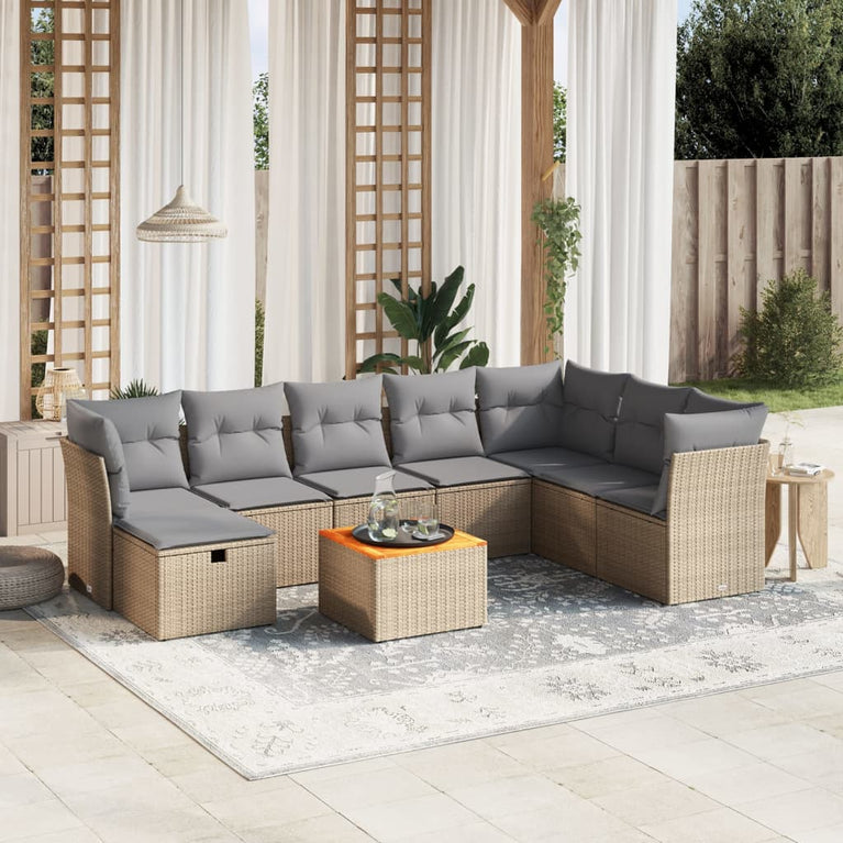 9-delige Loungeset met kussens poly rattan gemengd beige