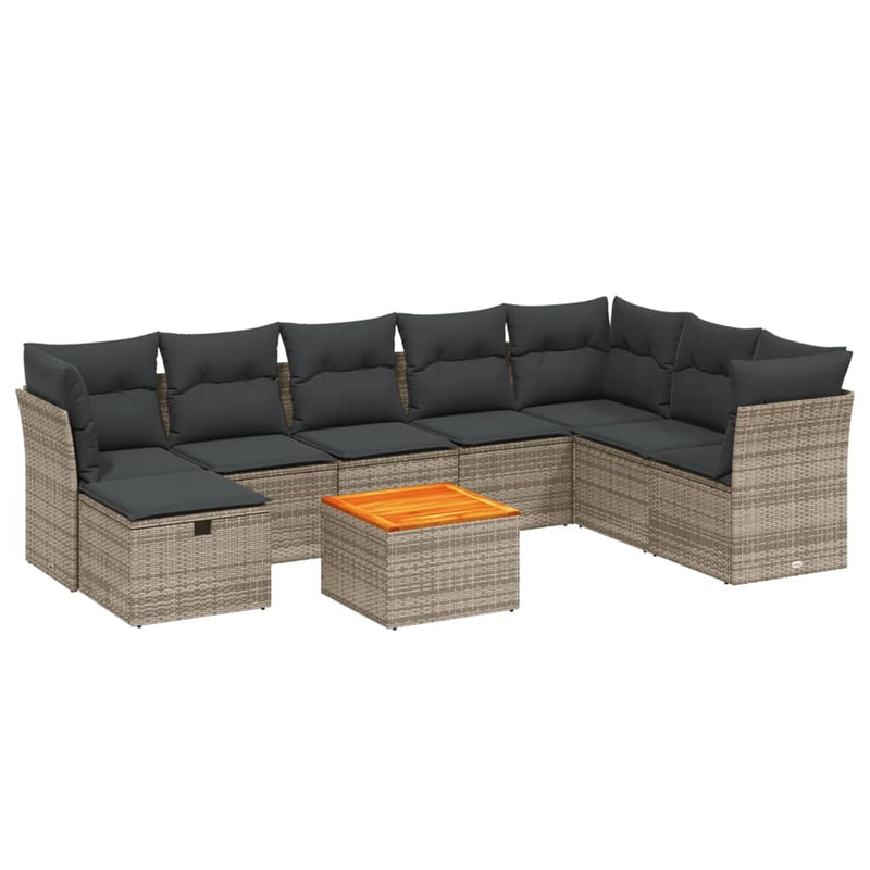 9-delige Loungeset met kussens poly rattan grijs