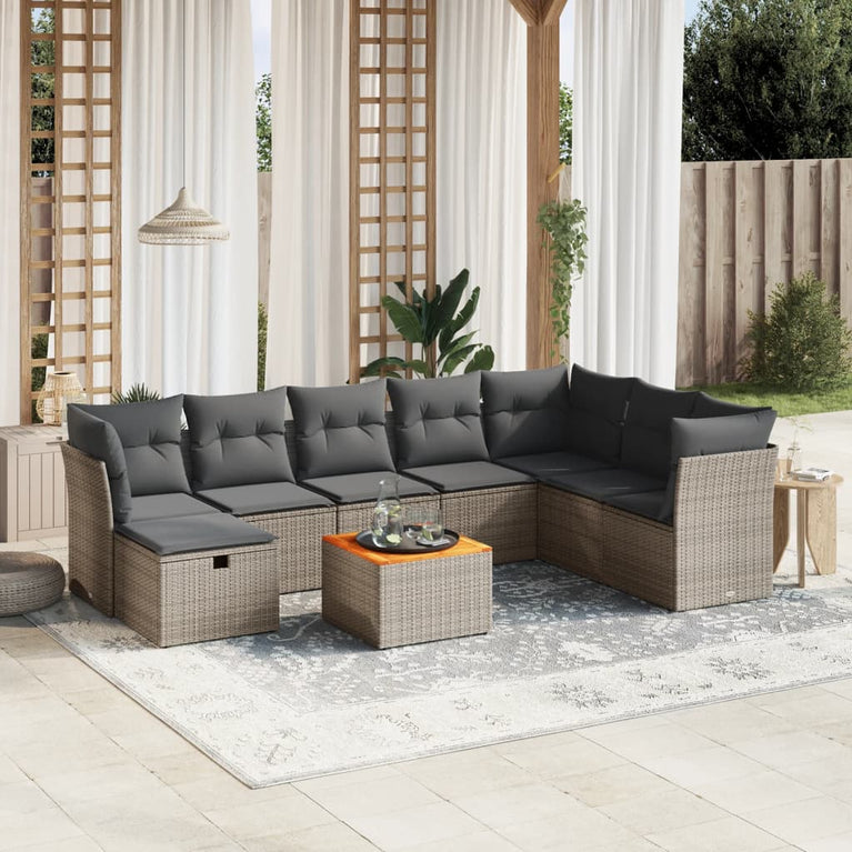 9-delige Loungeset met kussens poly rattan grijs