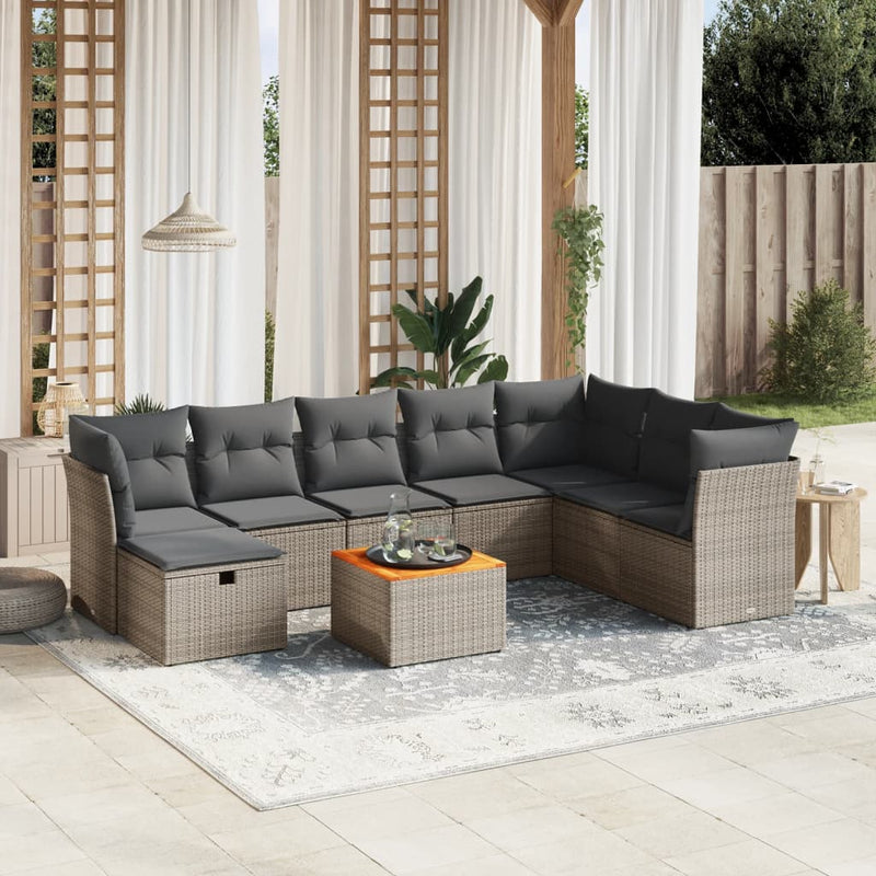 9-delige Loungeset met kussens poly rattan grijs