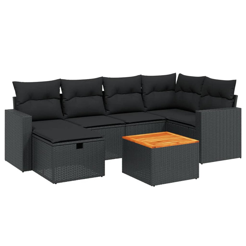 7-delige Loungeset met kussens poly rattan zwart
