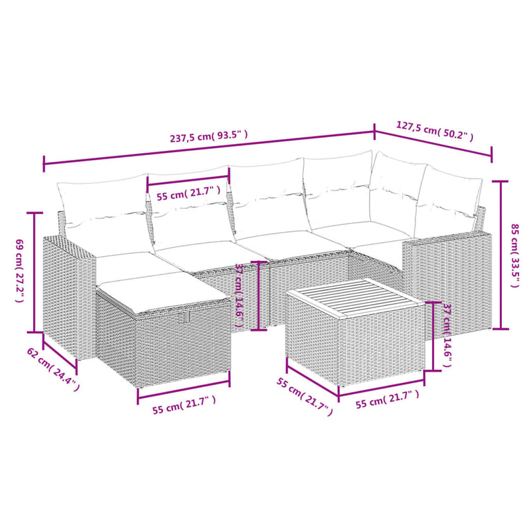 7-delige Loungeset met kussens poly rattan grijs