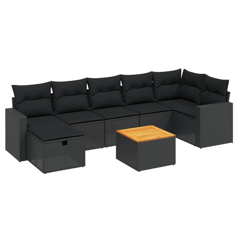 8-delige Loungeset met kussens poly rattan zwart