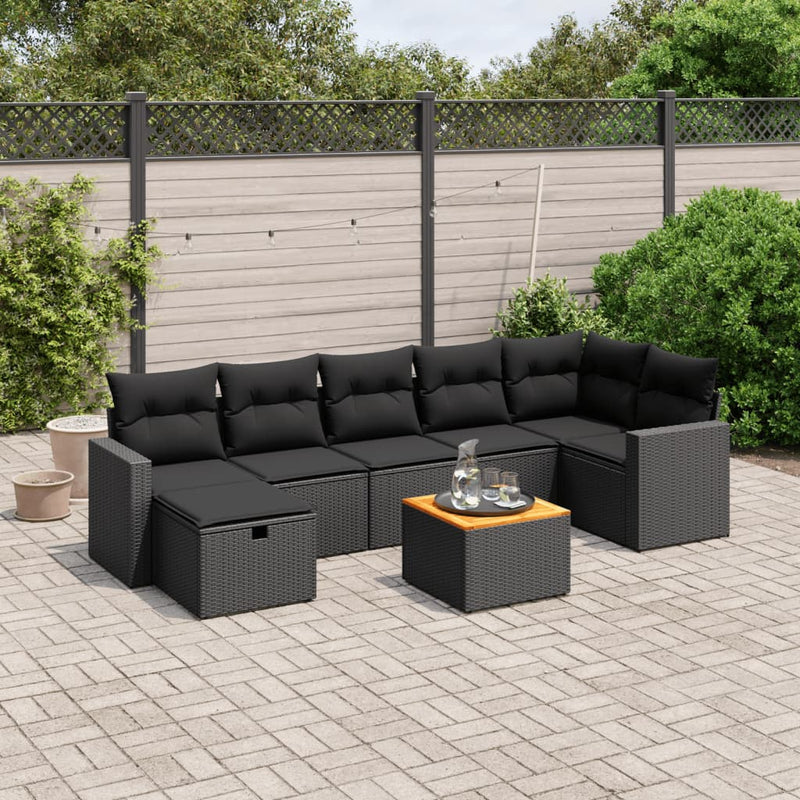 8-delige Loungeset met kussens poly rattan zwart