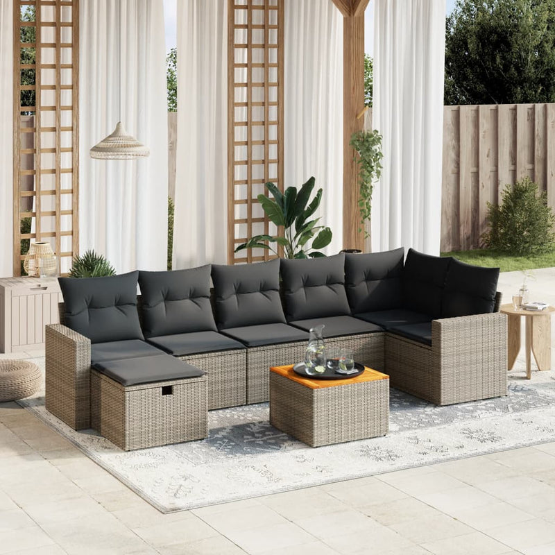 8-delige Loungeset met kussens poly rattan grijs