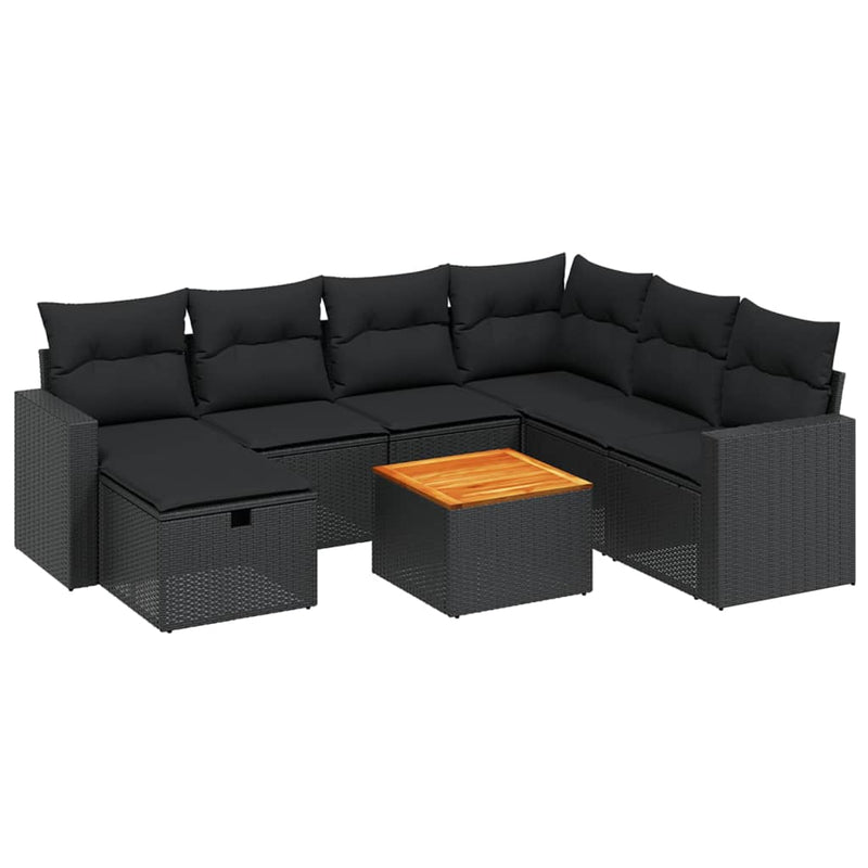 8-delige Loungeset met kussens poly rattan zwart