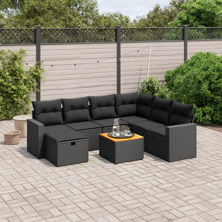 8-delige Loungeset met kussens poly rattan zwart