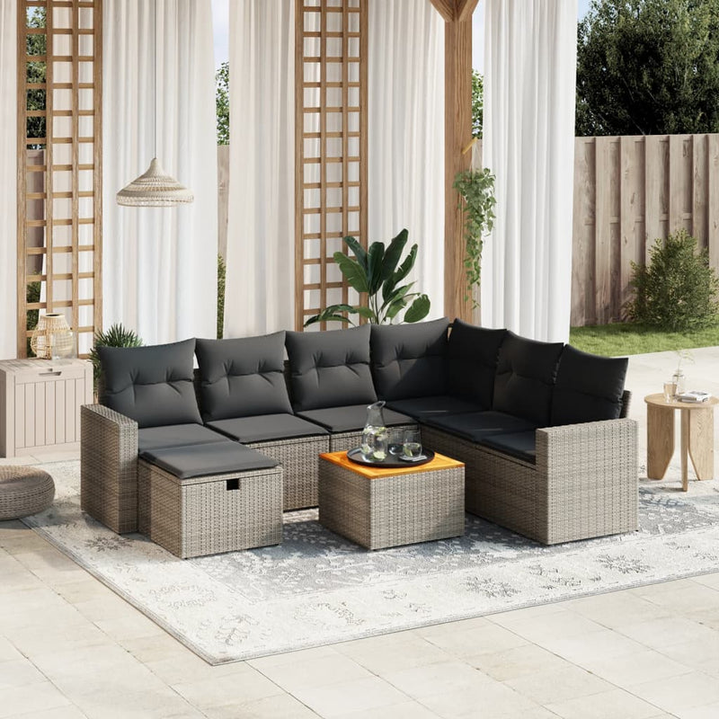 8-delige Loungeset met kussens poly rattan grijs