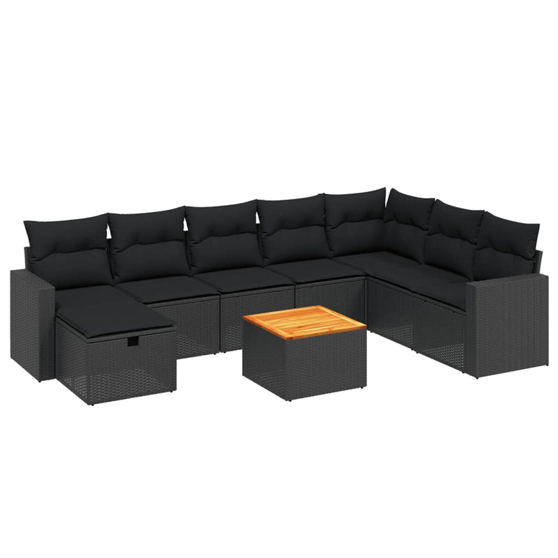 9-delige Loungeset met kussens poly rattan zwart