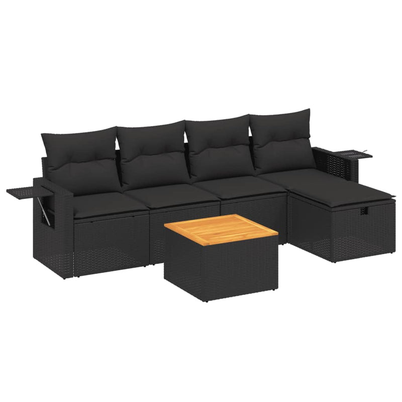 6-delige Loungeset met kussens poly rattan zwart