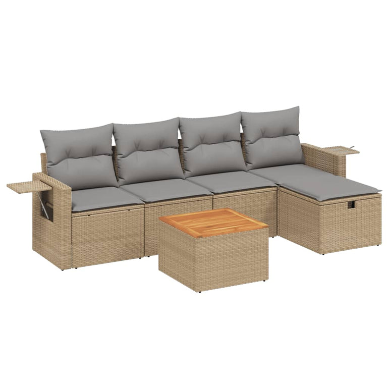 6-delige Loungeset met kussens poly rattan gemengd beige