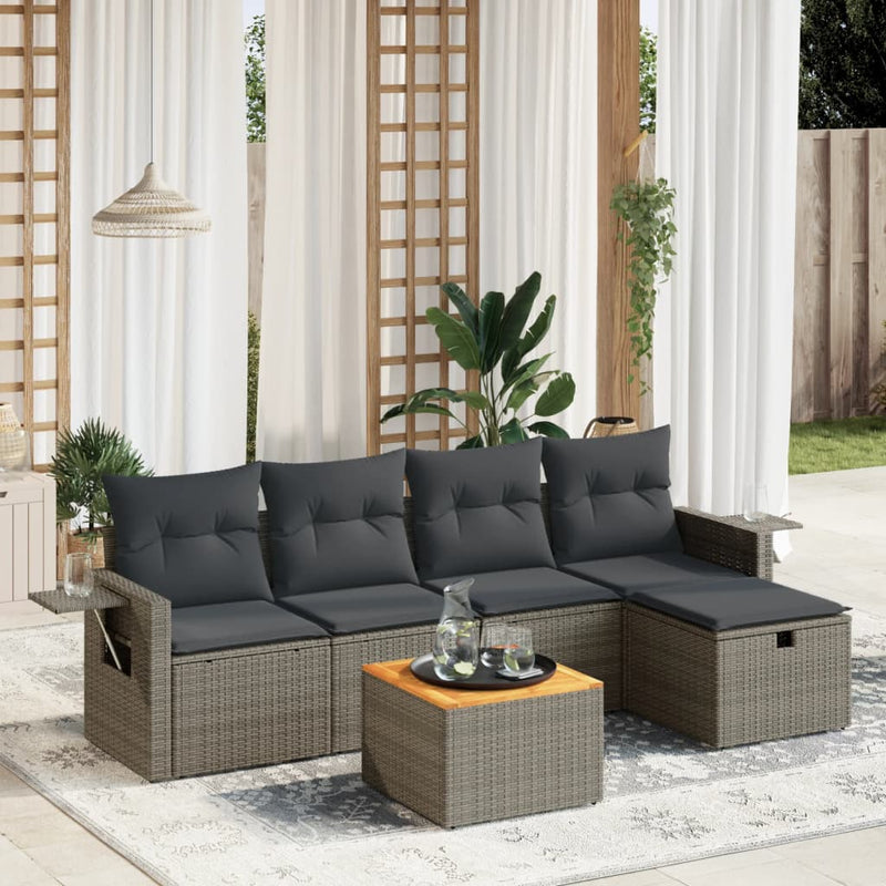 6-delige Loungeset met kussens poly rattan grijs