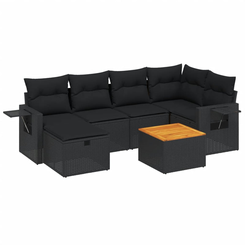 7-delige Loungeset met kussens poly rattan zwart