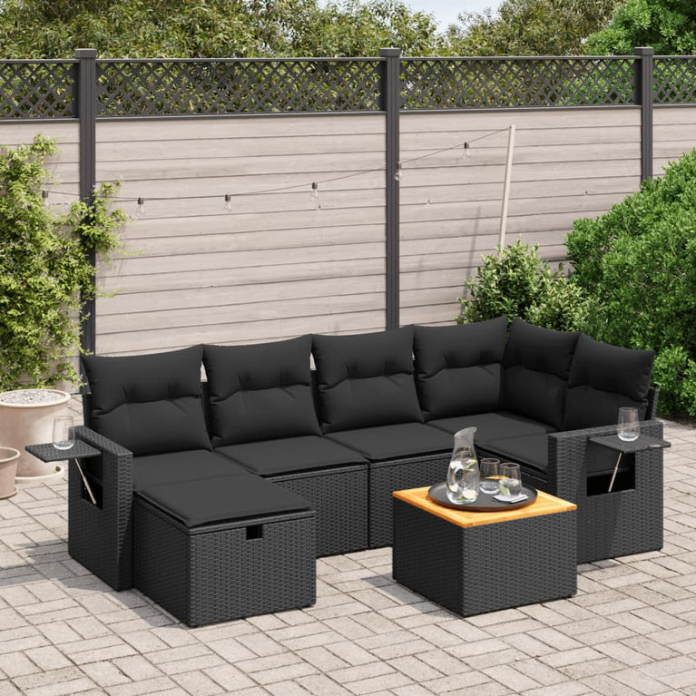 7-delige Loungeset met kussens poly rattan zwart