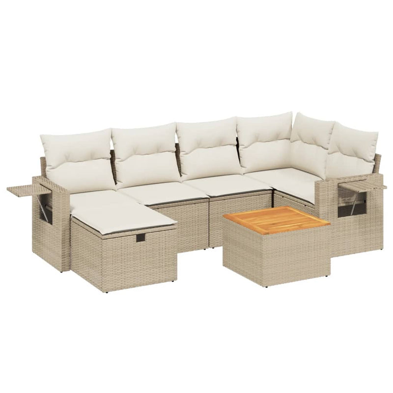 7-delige Loungeset met kussens poly rattan beige