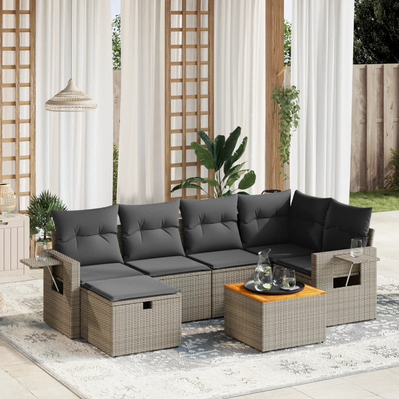 7-delige Loungeset met kussens poly rattan grijs