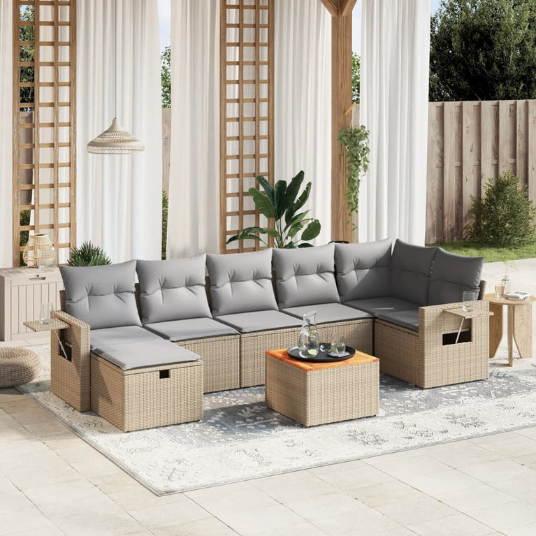 8-delige Loungeset met kussens poly rattan gemengd beige