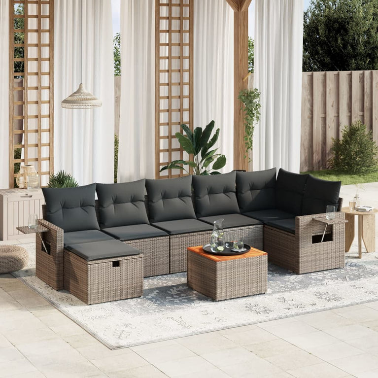 8-delige Loungeset met kussens poly rattan grijs