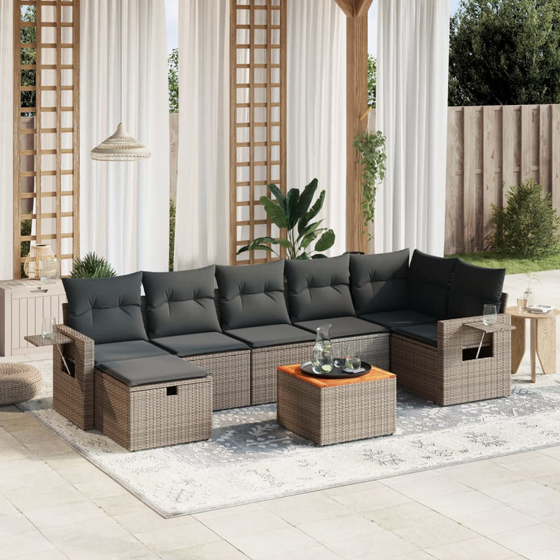8-delige Loungeset met kussens poly rattan grijs
