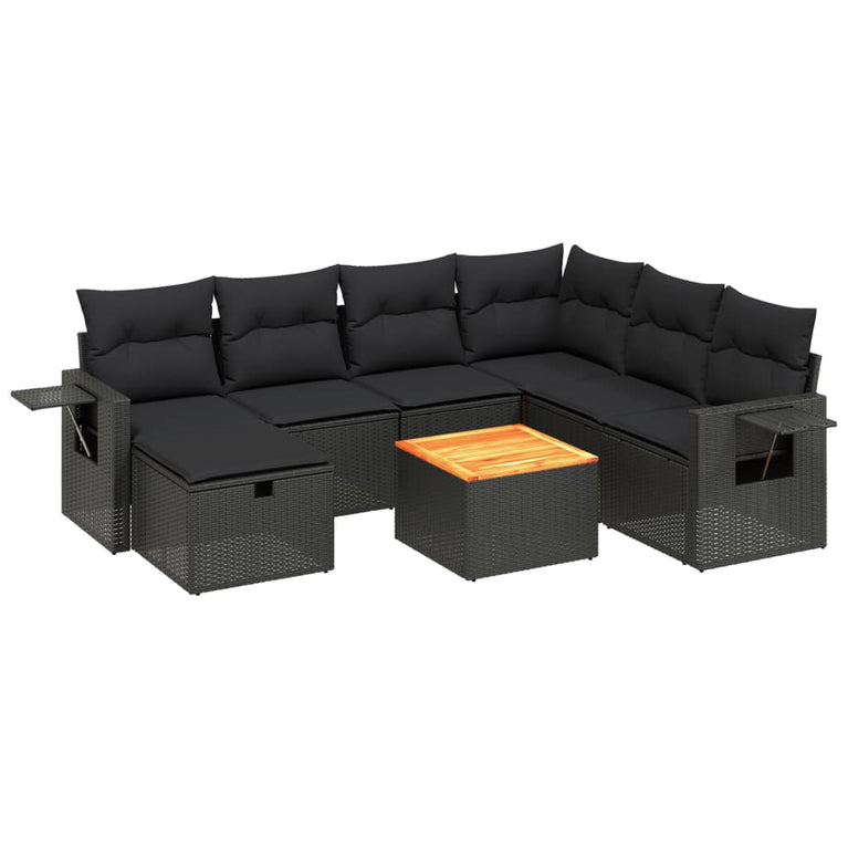 8-delige Loungeset met kussens poly rattan zwart
