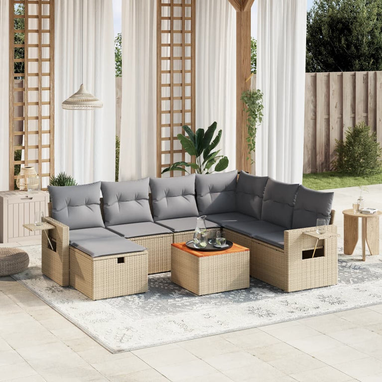 8-delige Loungeset met kussens poly rattan gemengd beige