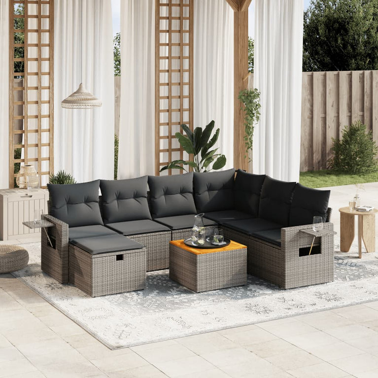 8-delige Loungeset met kussens poly rattan grijs