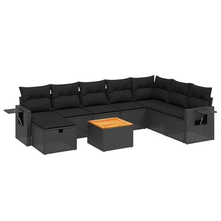 9-delige Loungeset met kussens poly rattan zwart