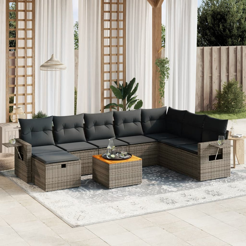 9-delige Loungeset met kussens poly rattan grijs