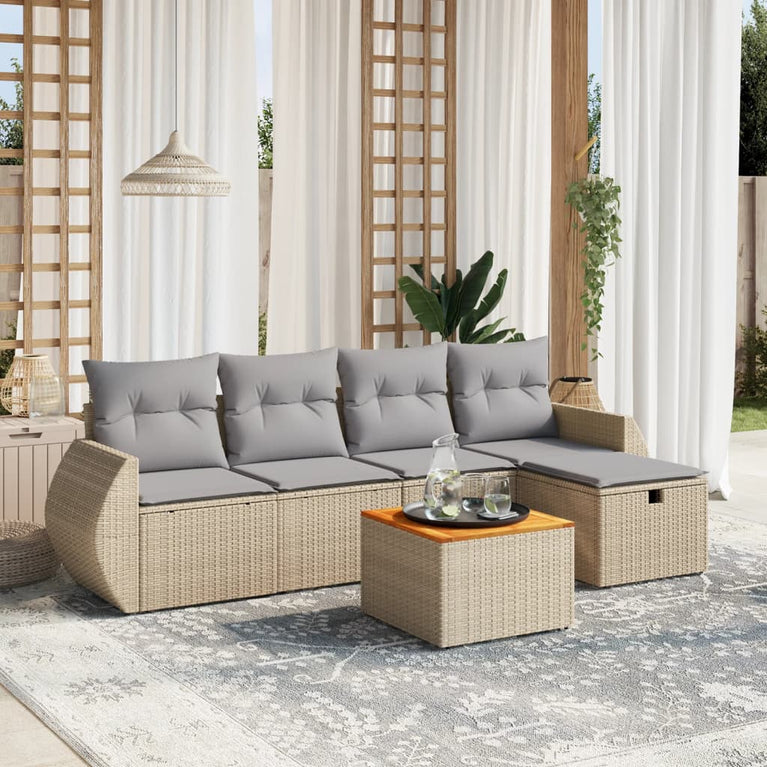 6-delige Loungeset met kussens poly rattan gemengd beige