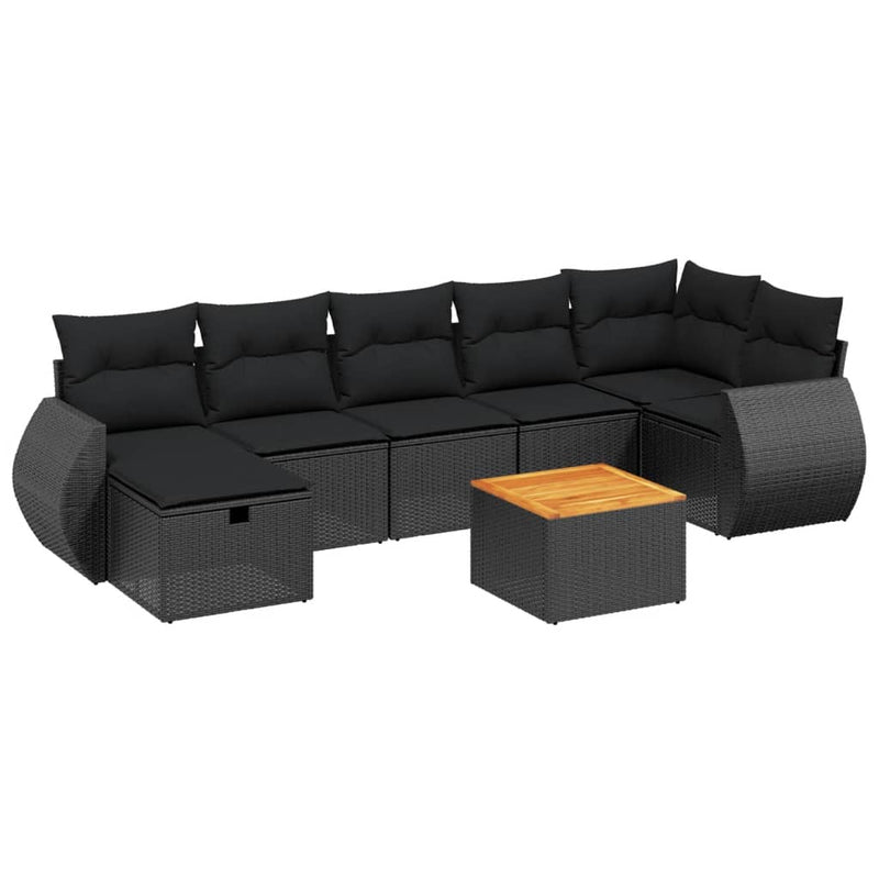 8-delige Loungeset met kussens poly rattan zwart