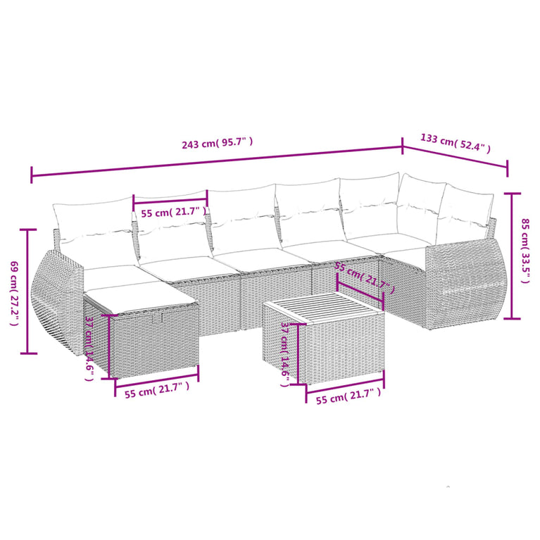 8-delige Loungeset met kussens poly rattan zwart