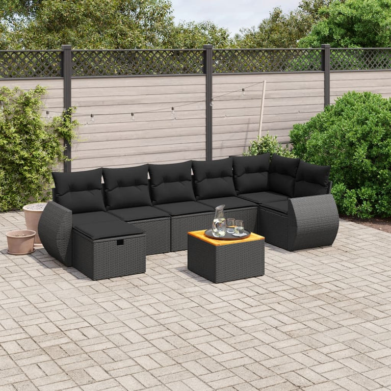 8-delige Loungeset met kussens poly rattan zwart