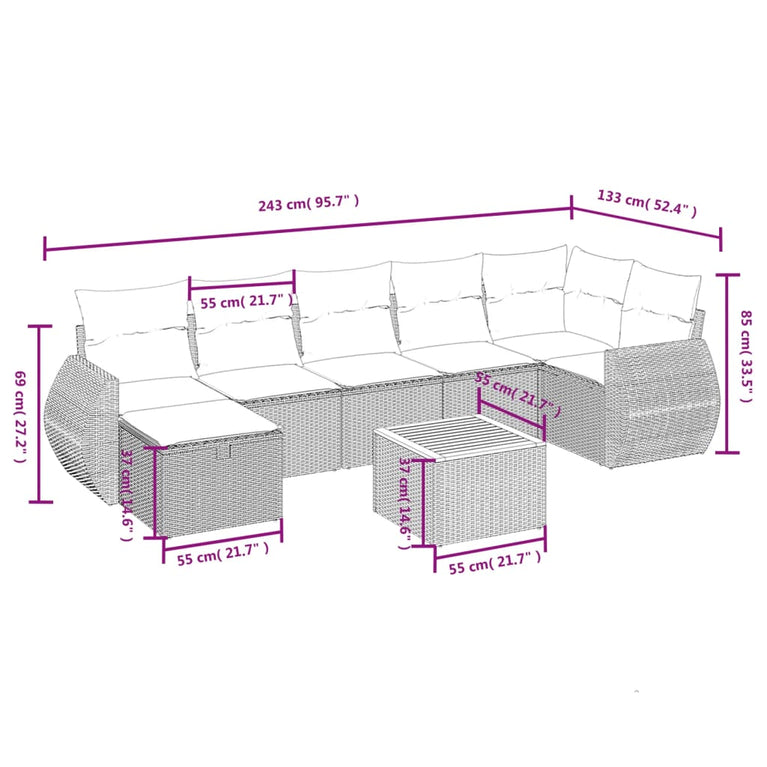 8-delige Loungeset met kussens poly rattan grijs