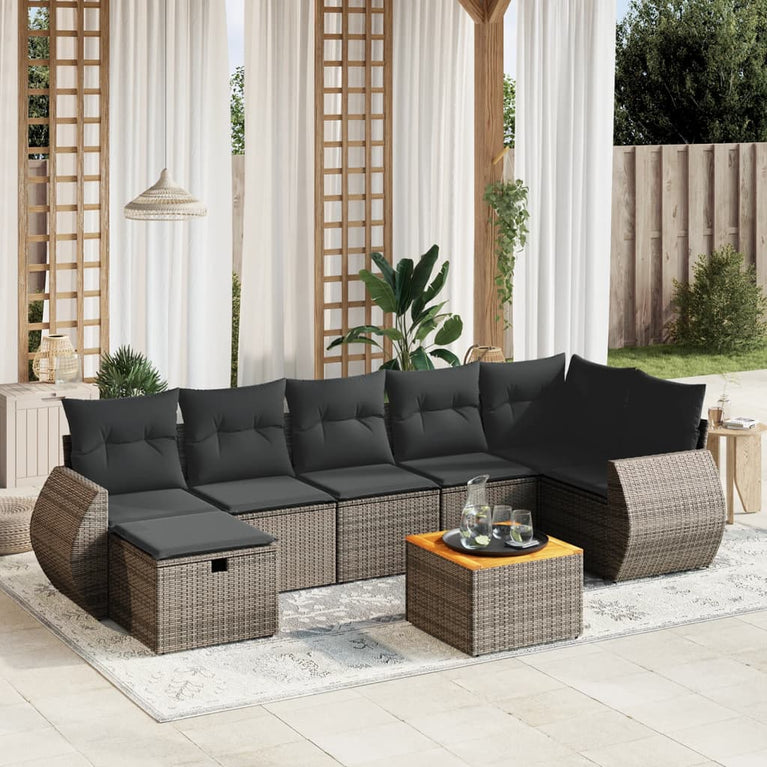 8-delige Loungeset met kussens poly rattan grijs