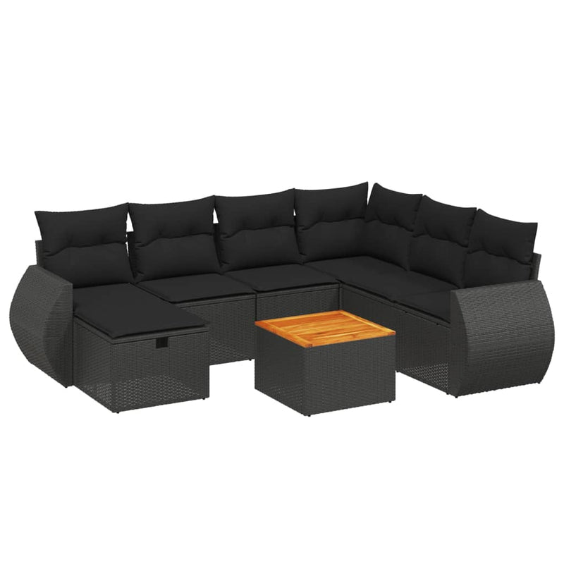 8-delige Loungeset met kussens poly rattan zwart