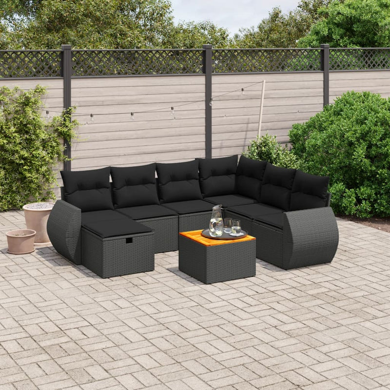 8-delige Loungeset met kussens poly rattan zwart