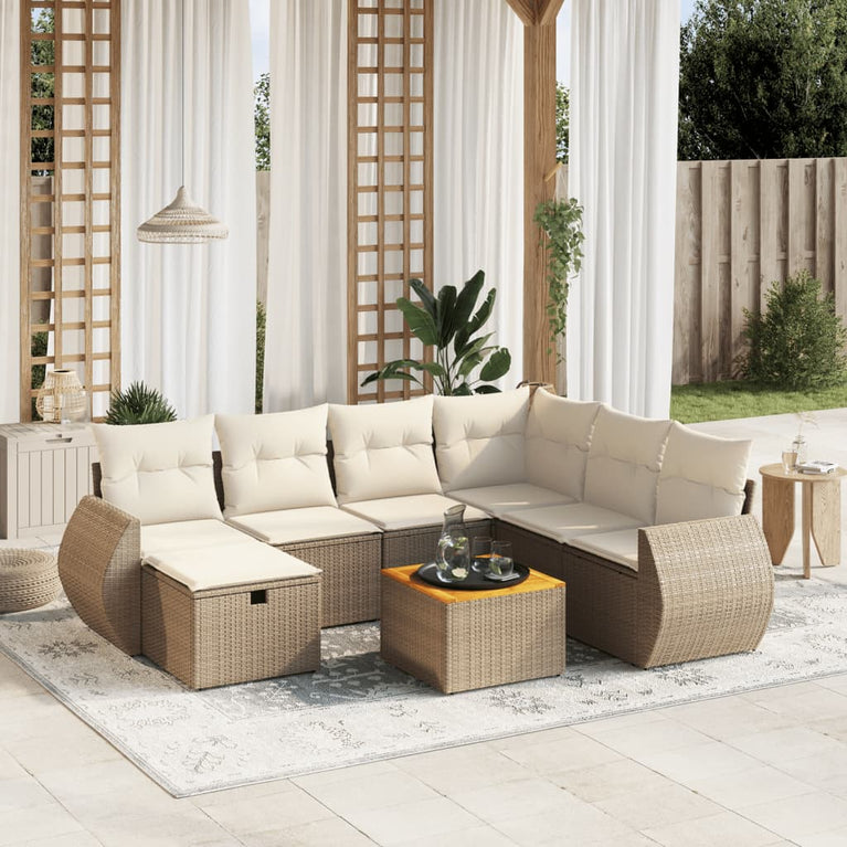 8-delige Loungeset met kussens poly rattan beige