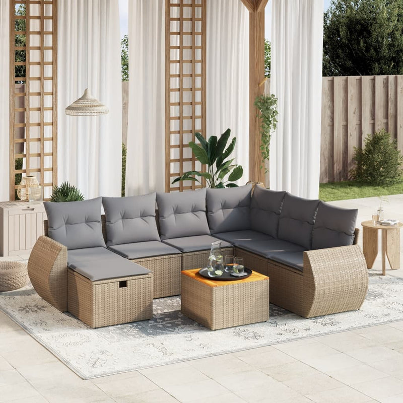 8-delige Loungeset met kussens poly rattan gemengd beige