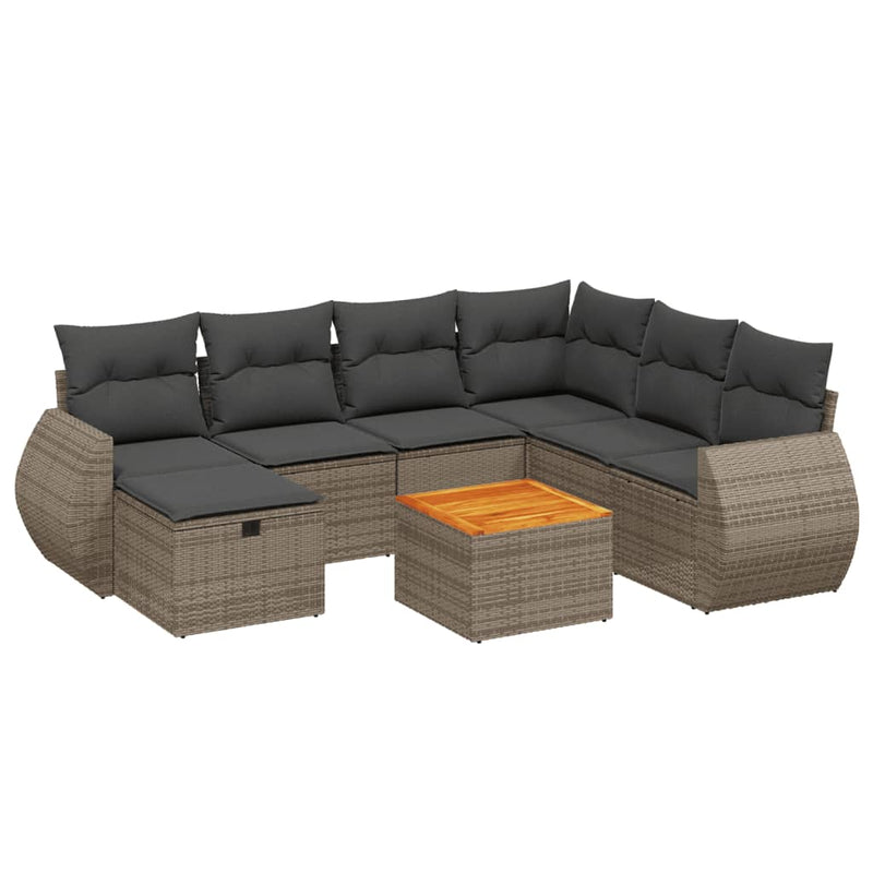 8-delige Loungeset met kussens poly rattan grijs