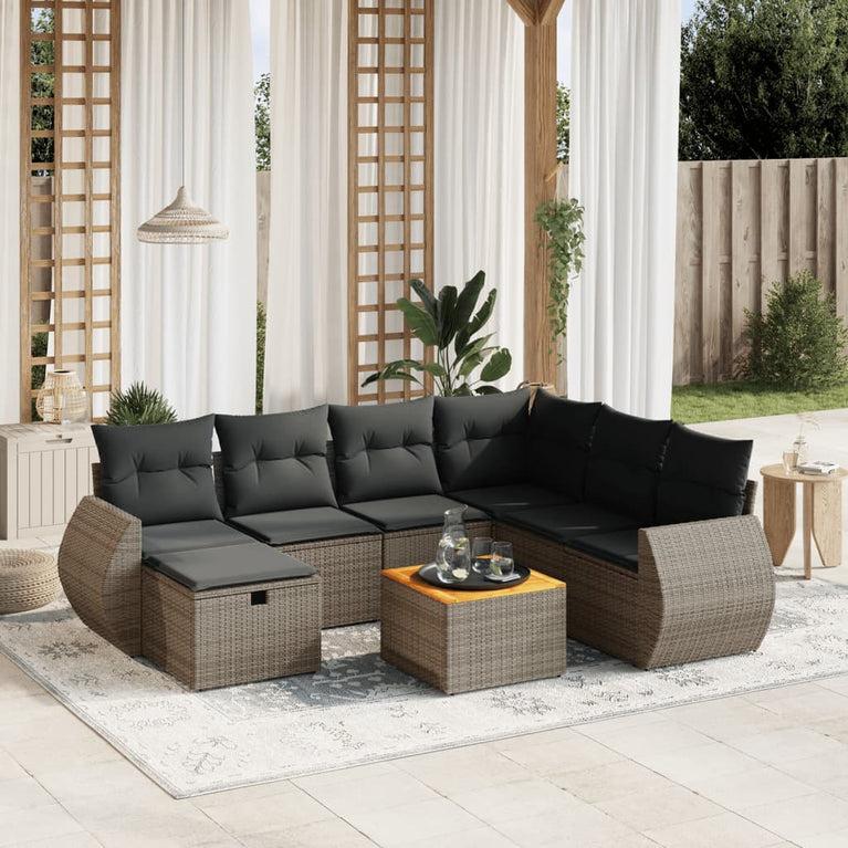 8-delige Loungeset met kussens poly rattan grijs