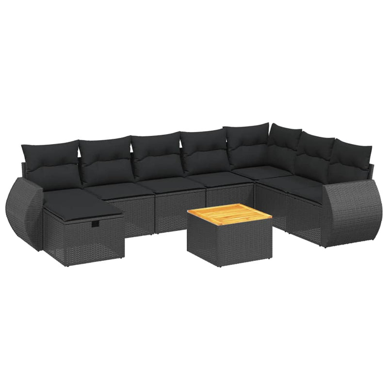 9-delige Loungeset met kussens poly rattan zwart