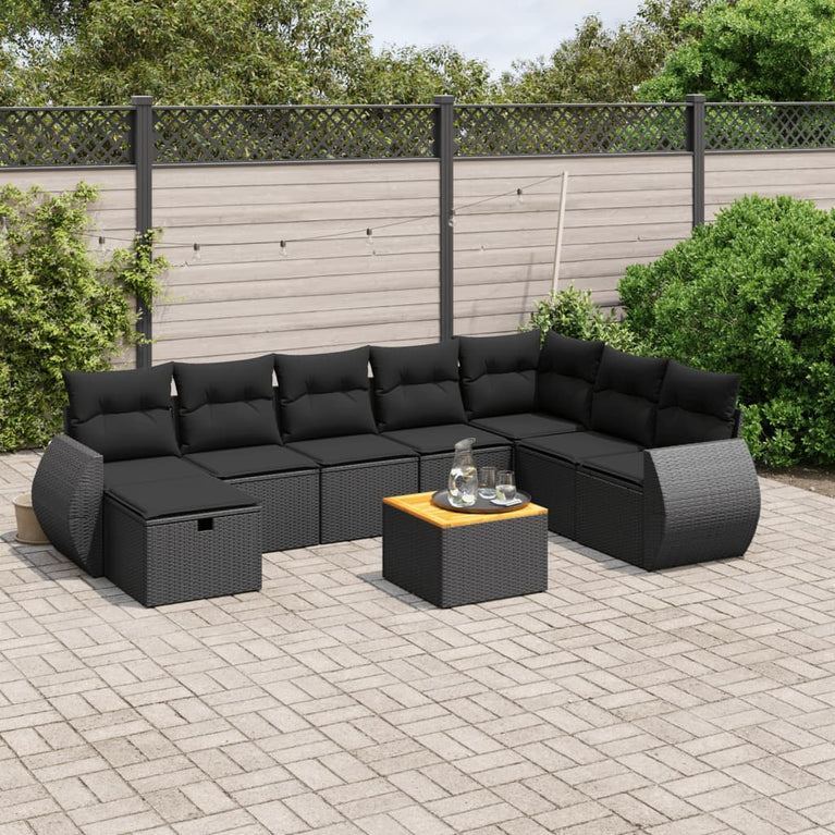 9-delige Loungeset met kussens poly rattan zwart
