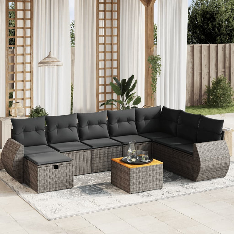 9-delige Loungeset met kussens poly rattan grijs